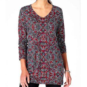J. Jill V-Neck Tunic Top Size S True Red Sparkling Paisley Sharkbite Hem Jersey